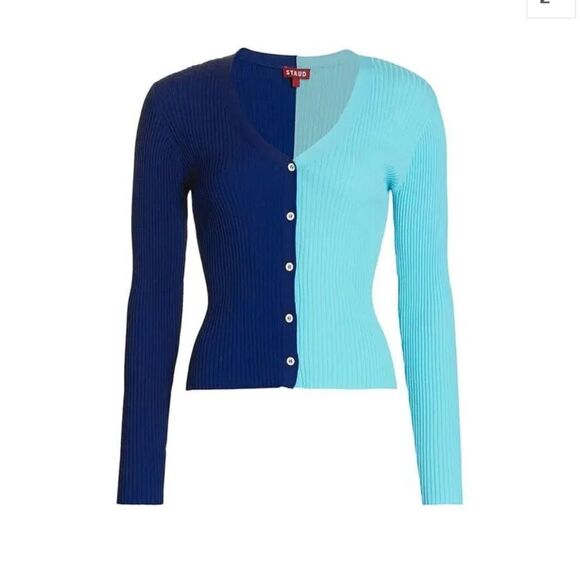 Staud wo cargo colorblock cardigan blues button front ribbed large FLAW - Picture 2 of 6